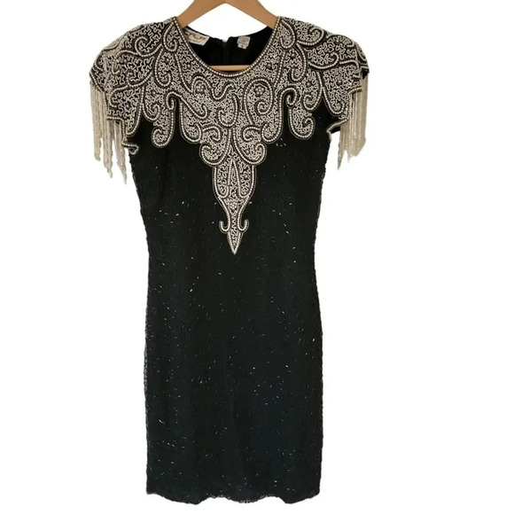 Vintage Scala 1990s Silk Beaded Sequins Evening Cocktail Dress Small - Picture 1 of 7